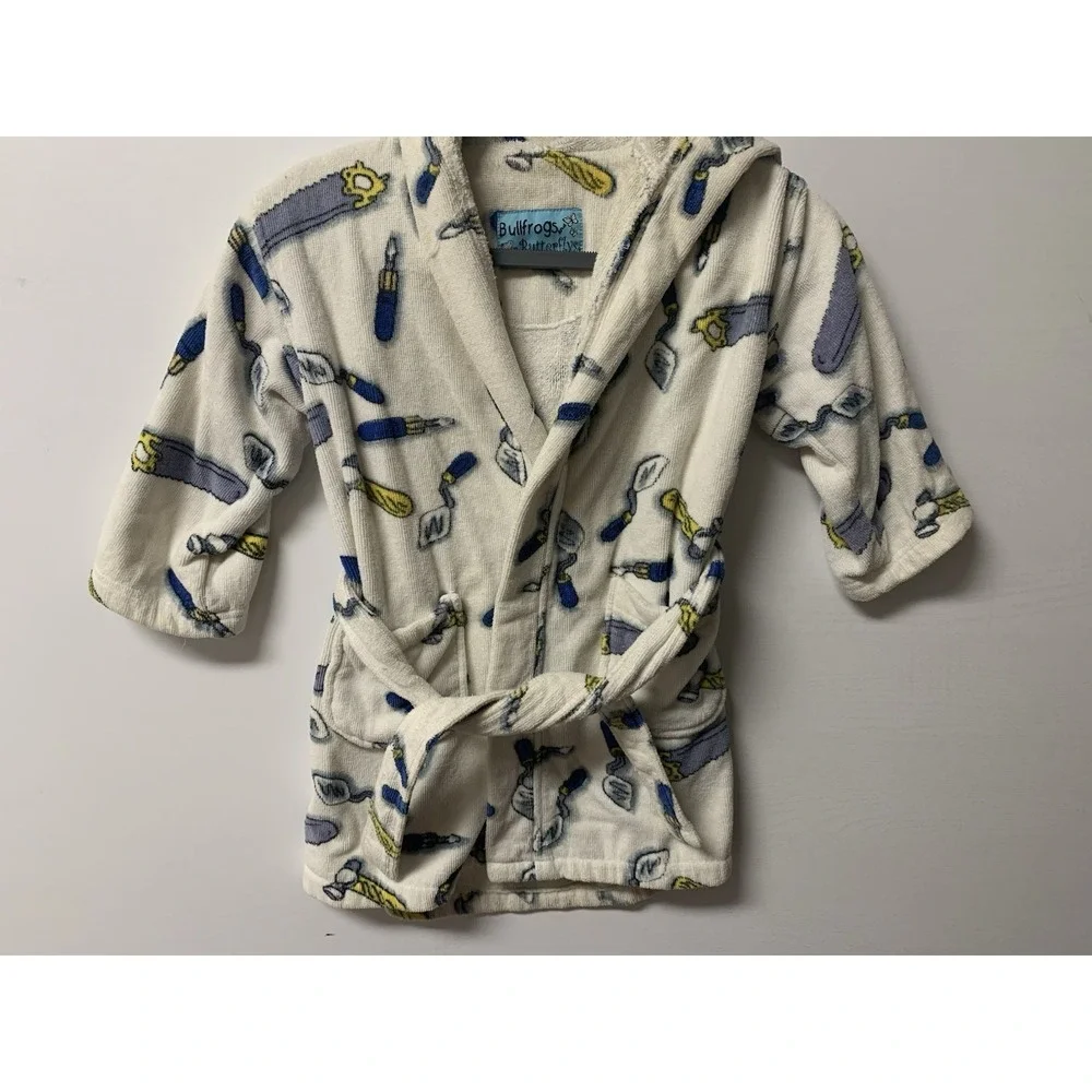 Bullfrogs & Butterflys Boys Tools Robe White Med Belt Pockets Hood Terry Cloth